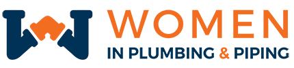 The Women in Plumbing & Piping logo in orange and blue text. On the left, two blue pipes join with an orange connector to create a W.